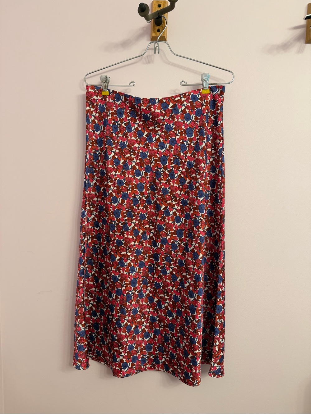 J. Crew Red Floral Midi Skirt with Blue Accents